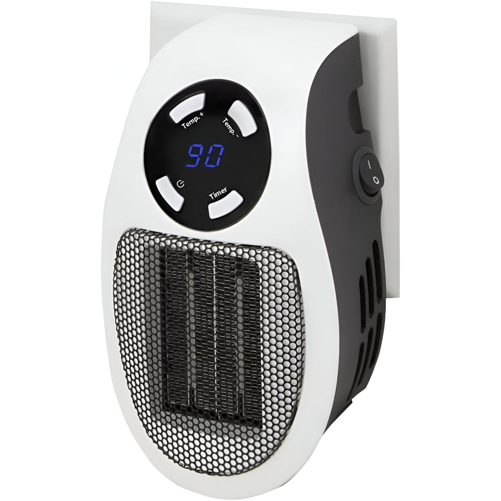 Stopcontact Kachel 350W – Mini Keramische Elektrische Kachel met Thermostaat, Timer 1-12 Uur & LED-display, Badkamer & Kantoor