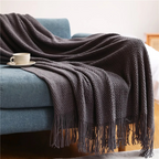 Gebreide Plaid met Kwasten – Zachte Acryl Deken in Merinowol-Look voor Bank & Bed, 9 Kleuren, 127x172 of 130x220 cm Donkergrijs