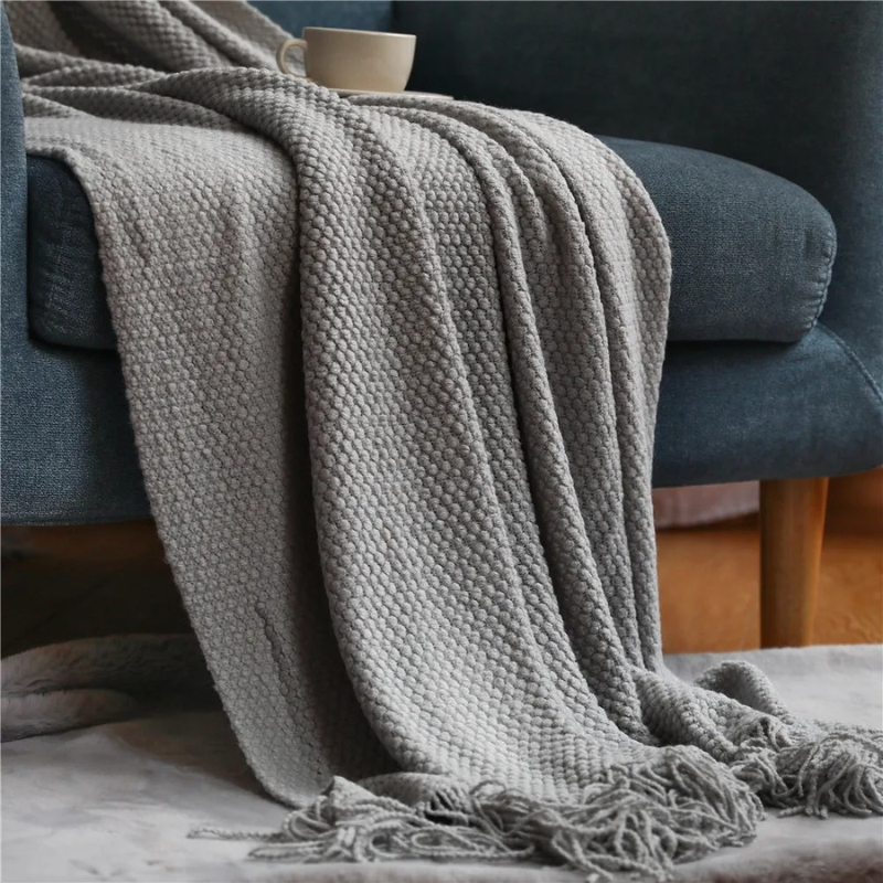 Gebreide Plaid met Kwasten – Zachte Acryl Deken in Merinowol-Look voor Bank & Bed, 9 Kleuren, 127x172 of 130x220 cm Lichtgrijs