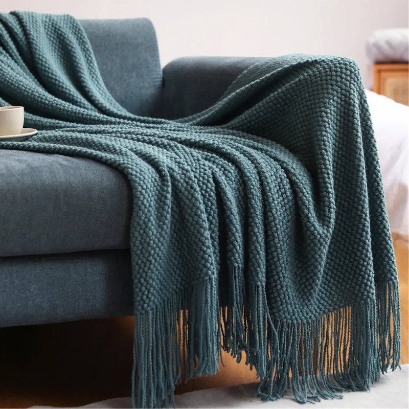Gebreide Plaid met Kwasten – Zachte Acryl Deken in Merinowol-Look voor Bank & Bed, 9 Kleuren, 127x172 of 130x220 cm Morandiblauw