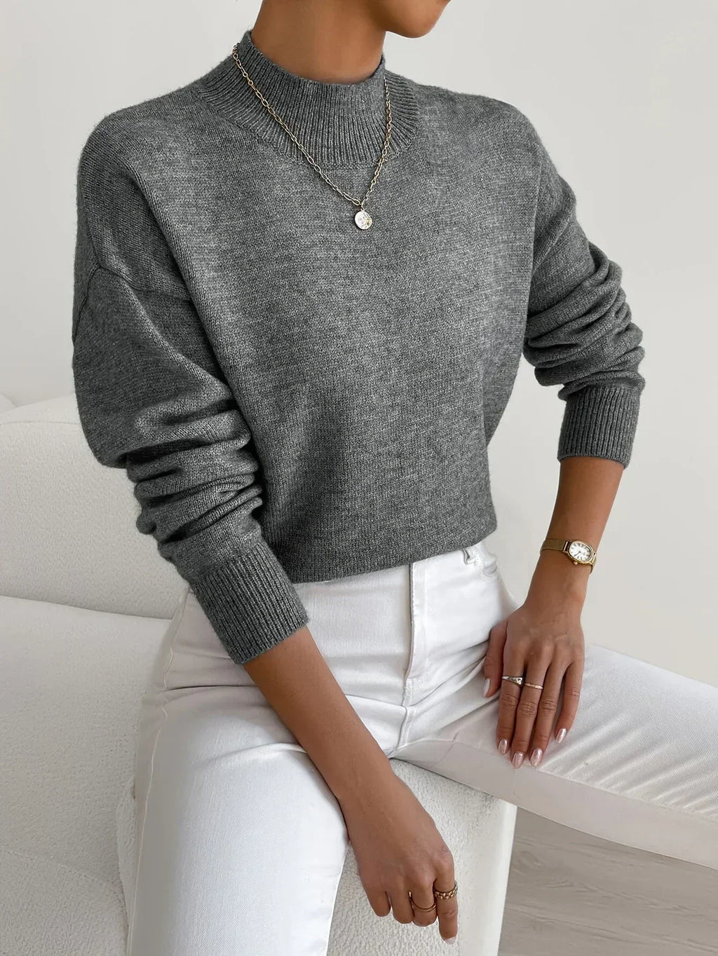 Mechi | Dames Gebreide Trui met Ronde Hals en Geribbelde Boorden - Comfortabele Klassieke Pullover en Basic Sweater