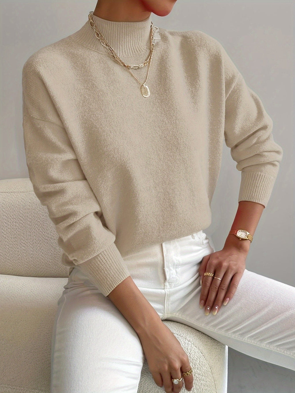 Mechi | Dames Gebreide Trui met Ronde Hals en Geribbelde Boorden - Comfortabele Klassieke Pullover en Basic Sweater