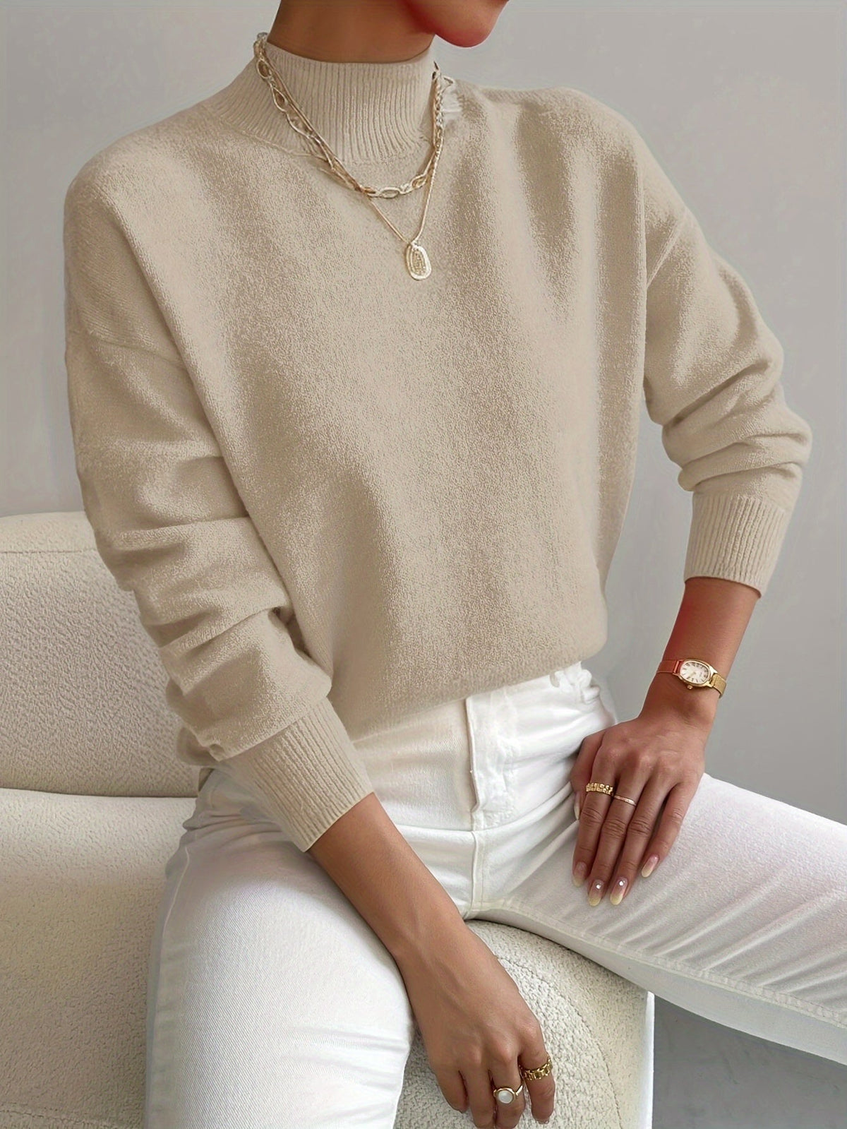 Mechi | Dames Gebreide Trui met Ronde Hals en Geribbelde Boorden - Comfortabele Klassieke Pullover en Basic Sweater