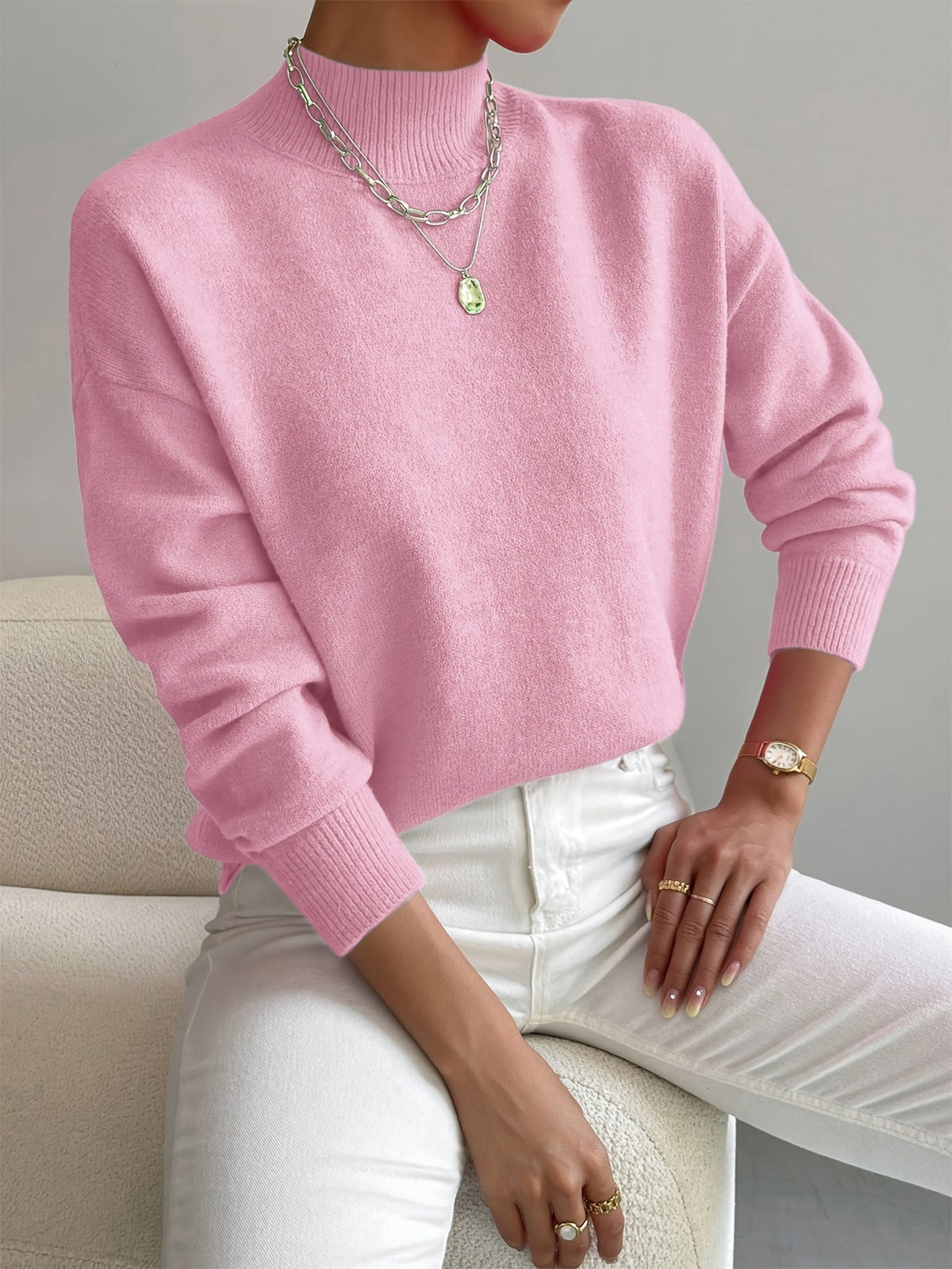 Mechi | Dames Gebreide Trui met Ronde Hals en Geribbelde Boorden - Comfortabele Klassieke Pullover en Basic Sweater