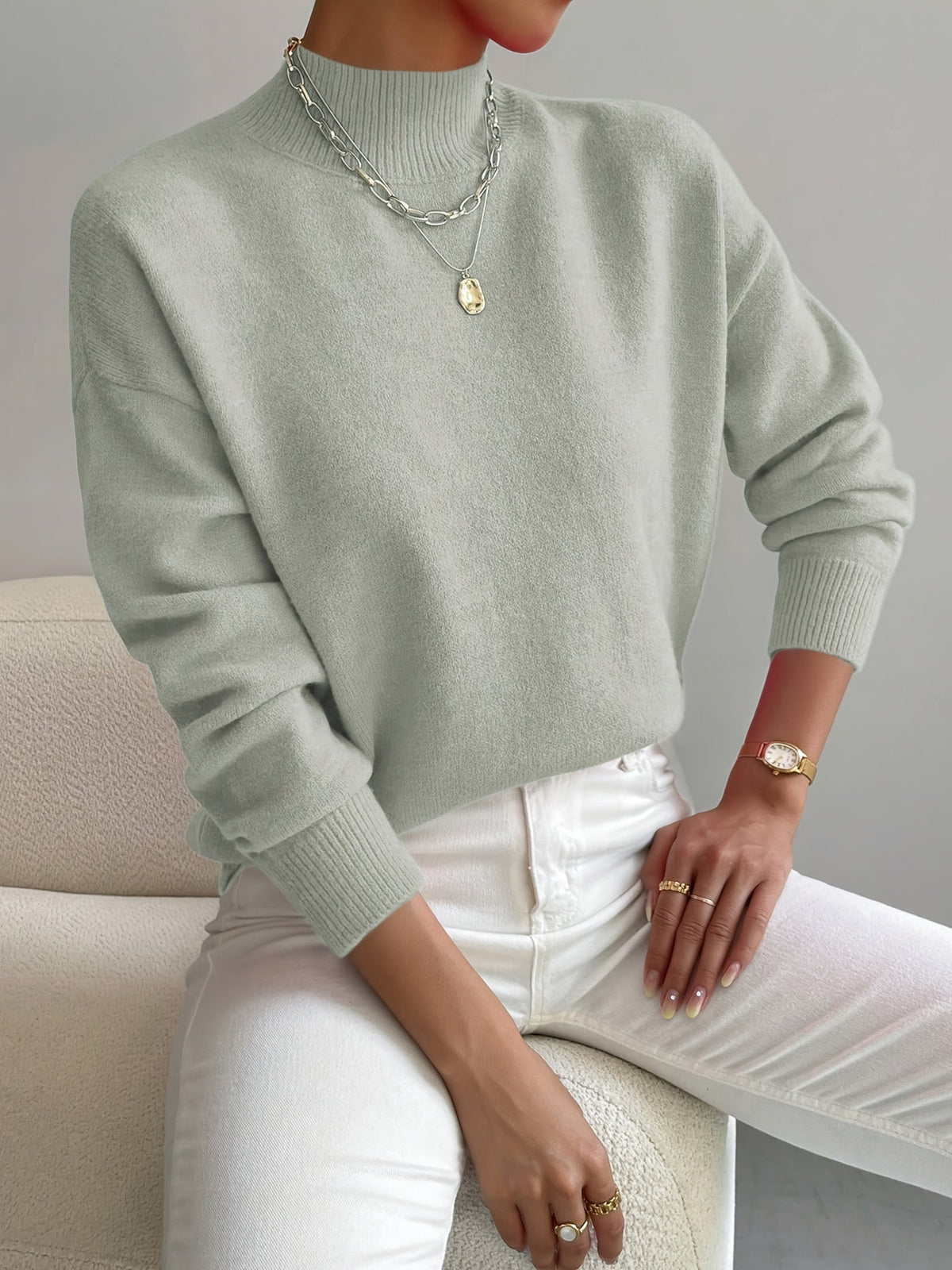 Mechi | Dames Gebreide Trui met Ronde Hals en Geribbelde Boorden - Comfortabele Klassieke Pullover en Basic Sweater