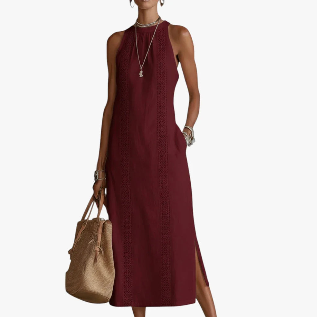 Bersh | Dames Elegante Midi Zomerjurk met Halterneck en Zijzakken Rood