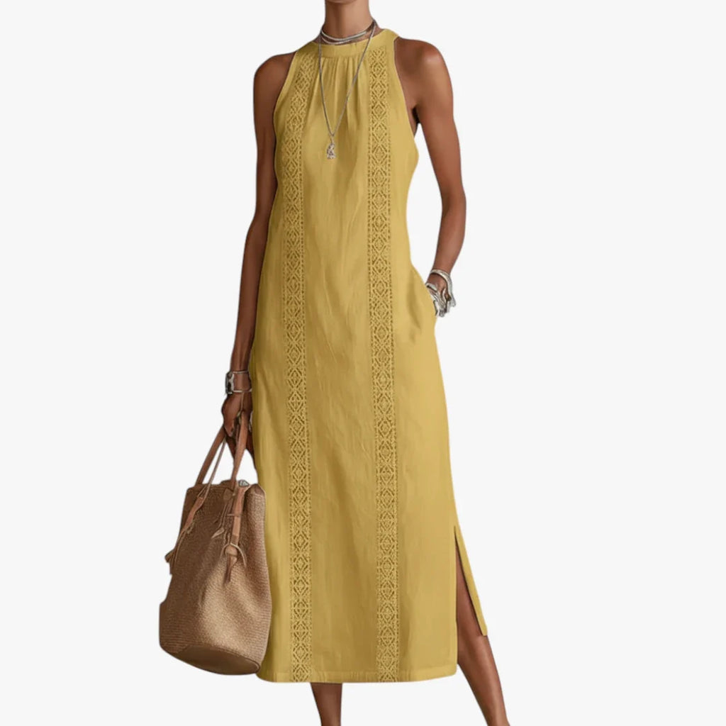 Bersh | Dames Elegante Midi Zomerjurk met Halterneck en Zijzakken Geel
