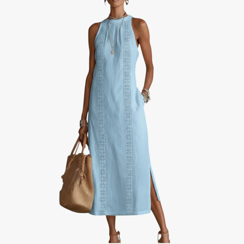 Bersh | Dames Elegante Midi Zomerjurk met Halterneck en Zijzakken Blauw