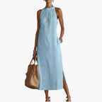 Bersh | Dames Elegante Midi Zomerjurk met Halterneck en Zijzakken Blauw