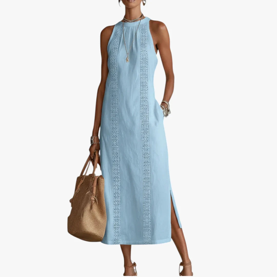 Bersh | Dames Elegante Midi Zomerjurk met Halterneck en Zijzakken Blauw
