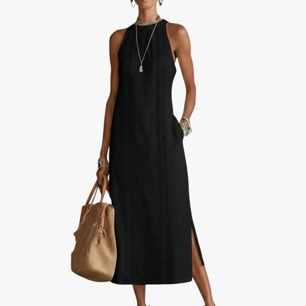 Bersh | Dames Elegante Midi Zomerjurk met Halterneck en Zijzakken Zwart